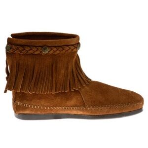 Minnetonka Ankle Moccasins Size 9 Womens Suede Leather Fringed Studs Zip Up Back